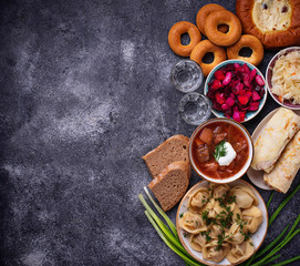 Traditional Russian dishes, sweets and vodka 