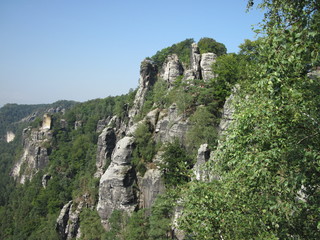 Fototapeta premium View of the rock formations at Bastei - Saxon Switzerland National Park near Dresden, Germany, Europe