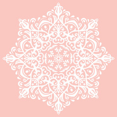 Oriental round white pattern with arabesques and floral elements. Traditional classic ornament. Vintage pattern with arabesques