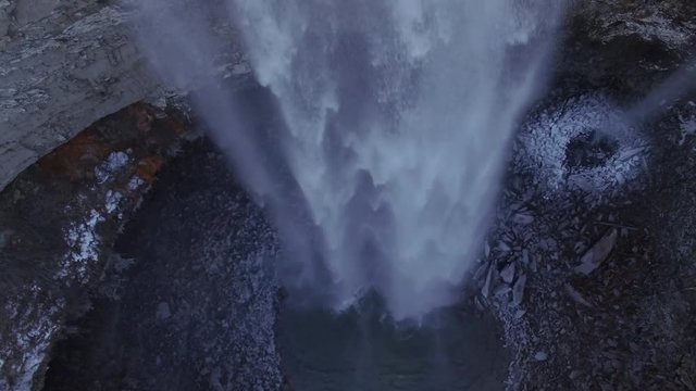 4k Aerial Snow Tennessee Waterfall Bird's Eye View 010 Boom Down