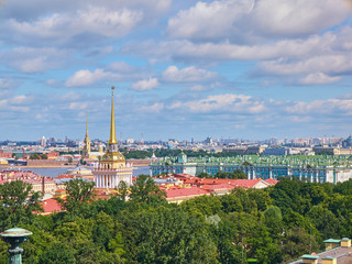 Fototapeta na wymiar The Golden Spire of the Admiralty building. Aerial view of Saint Petersburg from the top of the Saint Isaac's Cathedral (Isaakievsky Sobor). Is a largest cathedral in the city. Russia