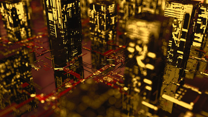 Abstract 3d circuit city concept of connection. Digital skyscrappers.