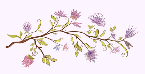 Branch with fantastic flowers. Vector vintage flowers on a white background.