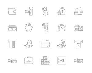 Simple set of Money vector line web icons. Contains such Icons as Cash, Wallet, ATM, Hand with a Coin and more and more. Editable Stroke. 48x48 Pixel Perfect.