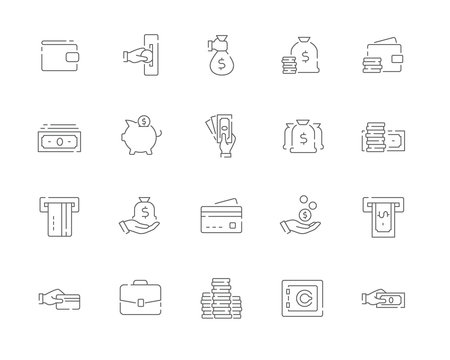 Simple set of Money vector line web icons. Contains such Icons as Cash, Wallet, ATM, Hand with a Coin and more and more. Editable Stroke. 48x48 Pixel Perfect.