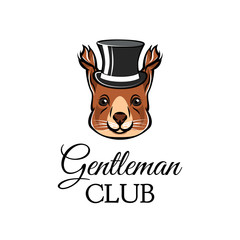 Squirrel in top hat. Gentleman club lettering. Vector illustration.