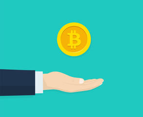 Bitcoin in hand businessman isometric design. Rich people. Giving, receiving take money. Concept of charity. Vector illustration.