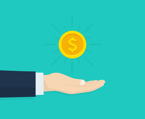 Gold coin in hand businessman isometric design. Rich people. Giving, receiving take money. Concept of charity. Vector illustration.