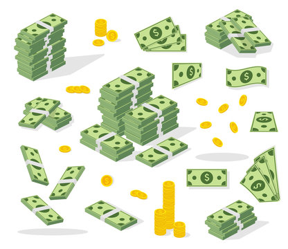 Set a various kind of money. Banking process. Packing in bundles of bank notes, bills fly, gold coins. Flat vector cartoon money illustration. Money cash heap, pile and stack money.