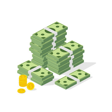 Big pile of cash. Concept of big money. Hundreds of dollars and coins. Vector isometric illustration.