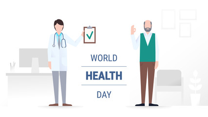 Young doctor and patient in an office, interior of a clinic, holding a clipboard with a green check mark. World health day concept. Vector flat illustration. 
