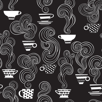 Seamless pattern with tea cups. Vector illustration on a black background.