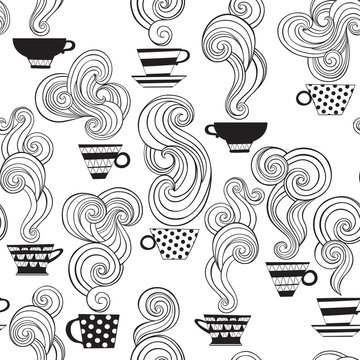 Seamless pattern with tea cups. Black and white vector illustration.