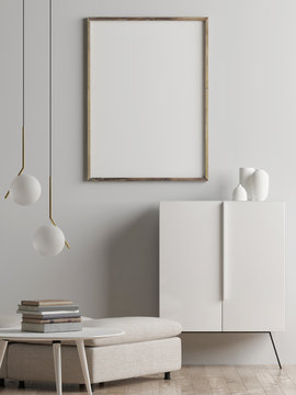 Mock up poster, living room interior concept, Scandinavian style, 3d render, 3d illustration