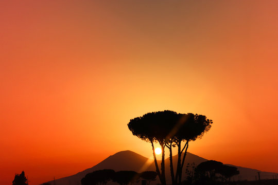 Volcano Vesuvius Naples South of Italy, beautiful sunset silhouette summer photo. Copyspace