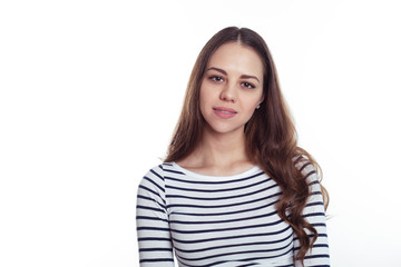 Portrait of a beautiful confident smiling elegant woman in smart casual wear on a white background.