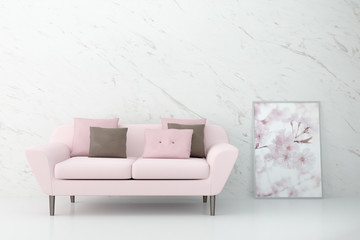 Interior with a pink sofa and a frame on a background of a marble wall. 3d render. 3d illustration.