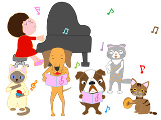 Obraz na płótnie Canvas 犬と猫のコンサート。子供とペットが歌ったり、楽器を演奏したりしている。