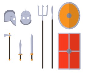 Gladiator weapons and armors set. Ancient warrior equipment. Gladius, dagger, trident, spear, helmet shield Vector illustration