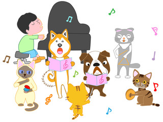 犬と猫のコンサート。子供とペットが歌ったり、楽器を演奏したりしている。