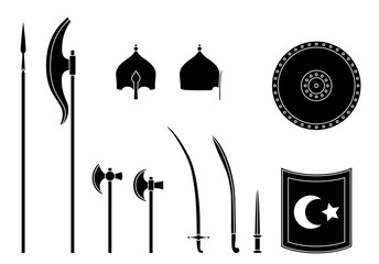 Medieval osman weapons and armors set. Osman turkish warrior equipment. Sabre, dagger, axe, spear, pike, helmet shield Vector illustration