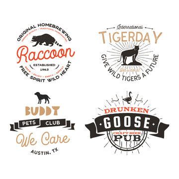 Wild animal Badges set and great outdoors activity insignias. Retro illustration of animal badges. Typographic camping style. Stock Vector wild Animal logos with letterpress effect. Pub, cafe labels