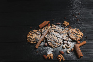 Homemade cookies dessert. Chocolate chip, oatmeal raisin, dough and nuts. Copy text menu food background.