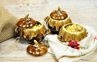 roast potatoes, meat, vegetables baked in clay pots.