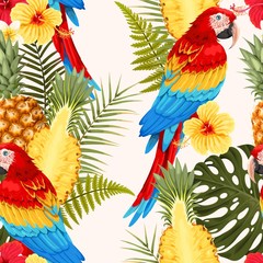 Obraz premium Seamless macaw, pineapple and flowers