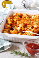Vegetable vegetarian food: spicy roasted cauliflower in tomato sauce and olive oil