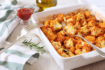 Vegetable vegetarian food: spicy roasted cauliflower in tomato sauce and olive oil