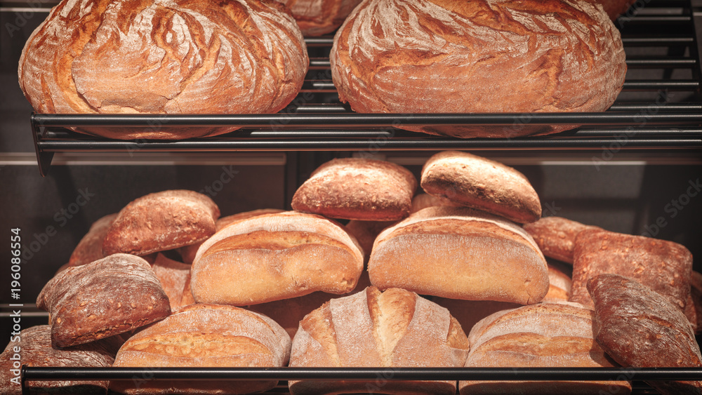 Poster breads on the shelf in the bakery