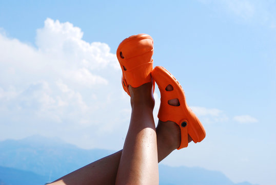 foam clog on feet, EVA foam soft plastic shoes for summer and beach Stock  Photo | Adobe Stock