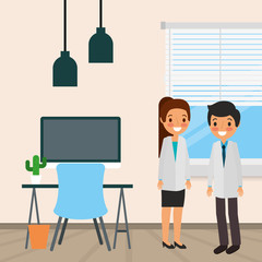 happy specialist doctors in office desk computer window cartoon vector illustration