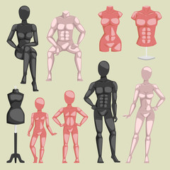 Vector shop beauty mannequin dummy doll model for fashion dress and plastic figure of human body doll illustration set of female male and kids manikins isolated on background
