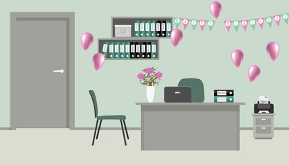Workplace of an office worker, decorated for his birthday. There is a desk, a printer, green chairs, bookshelves in the image. There are also pink balloons, flags "Happy Birthday" here. Vector