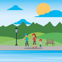 family on roller skating in the park lake mountains vector illustration