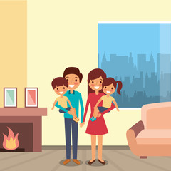 family parents holding her boy and girl in living room home vector illustration