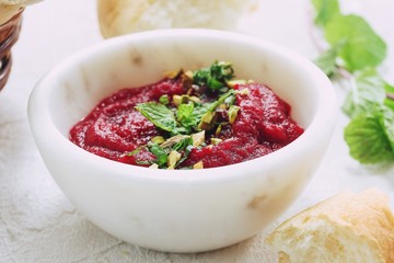 Homemade Beet dipping sauce, selective focus