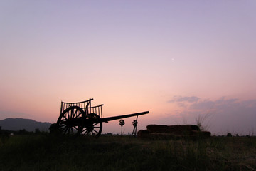 silhouette of bullock cart in field