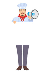 Chef with loudspeaker holding white blank poster