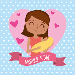 cute mom holds her baby in heart lovely - mothers day card vector illustration
