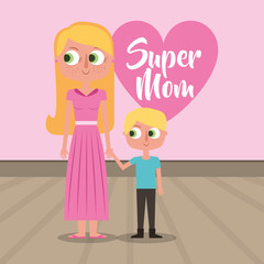 cute mom holding hand son - mothers day card vector illustration