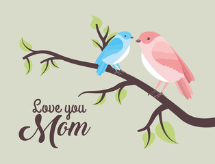 love mom birds in tree branch - mothers day card vector illustration