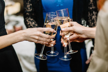 Cheerful girls clinking glasses of champagne at the party