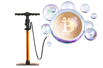 Bitcoin inside soap bubble with pump. Financial bubble concept, 3D rendering