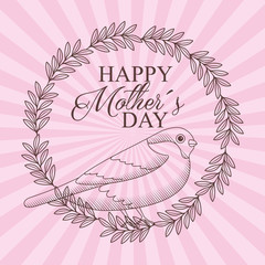 vintage wreath and cute bird - mothers day card vector illustration