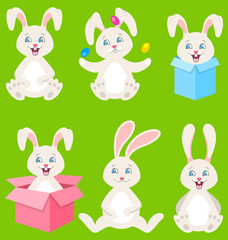 Collection Happy Easter Bunnies with Eggs, Gift Boxes, Cute Rabbits