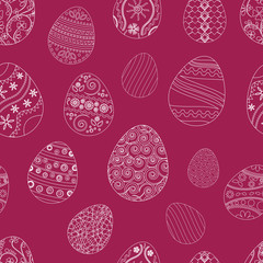 Festive seamless pattern with Easter eggs, white ornaments on burgundy background. Vector illustration