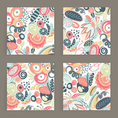 Vector set of square cards. Hand drawn abstract shapes, scribbles, spirales. Stains ans spots of paint. Creative backgrounds. Freehand style. Design with doodles. Invitation, postcard, cover, banner